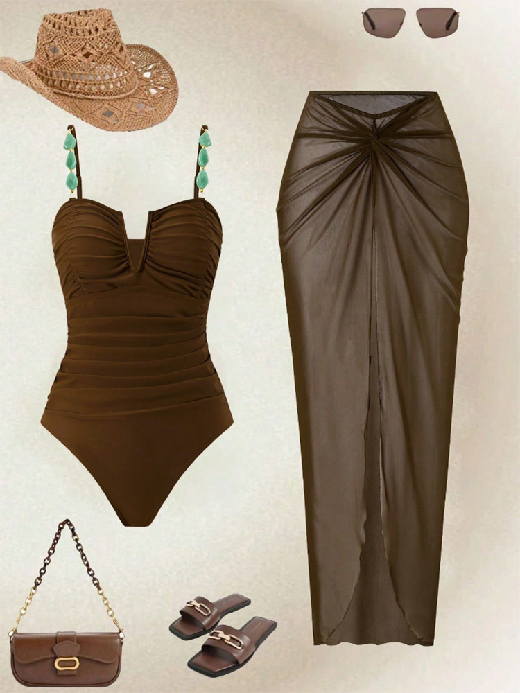 Coffee Tea Weight Loss - Vintage Koffiekleurige Mesh Lange Rok Zwemkleding
