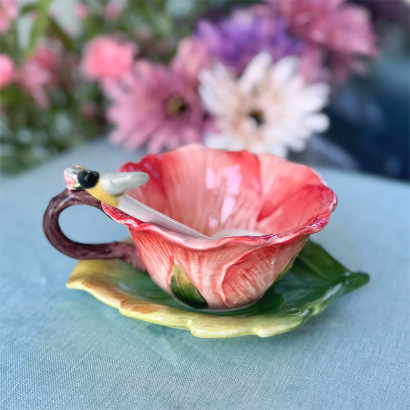 Coffee Tea Or - Keramische bloemenkoffiekop met schotel en lepel